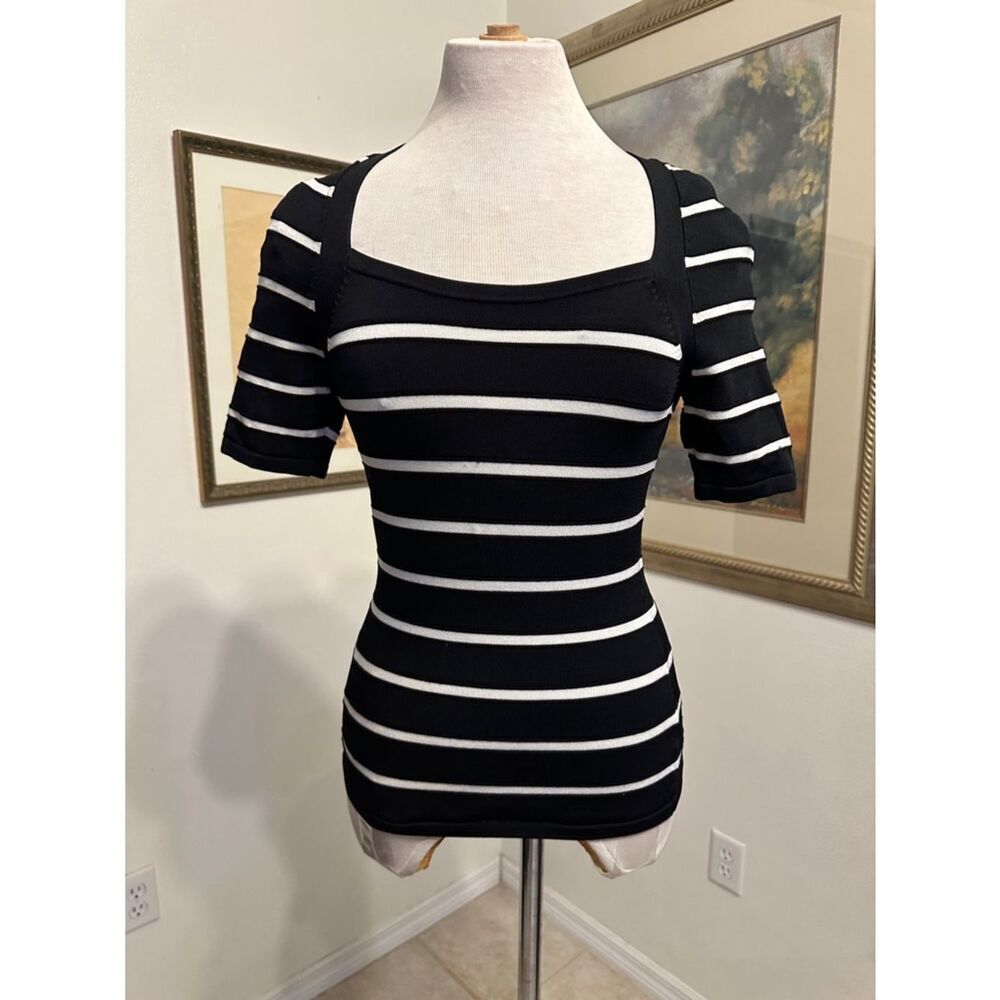 WHBM Black/White Striped Square Neck Bodycon Top Size XS